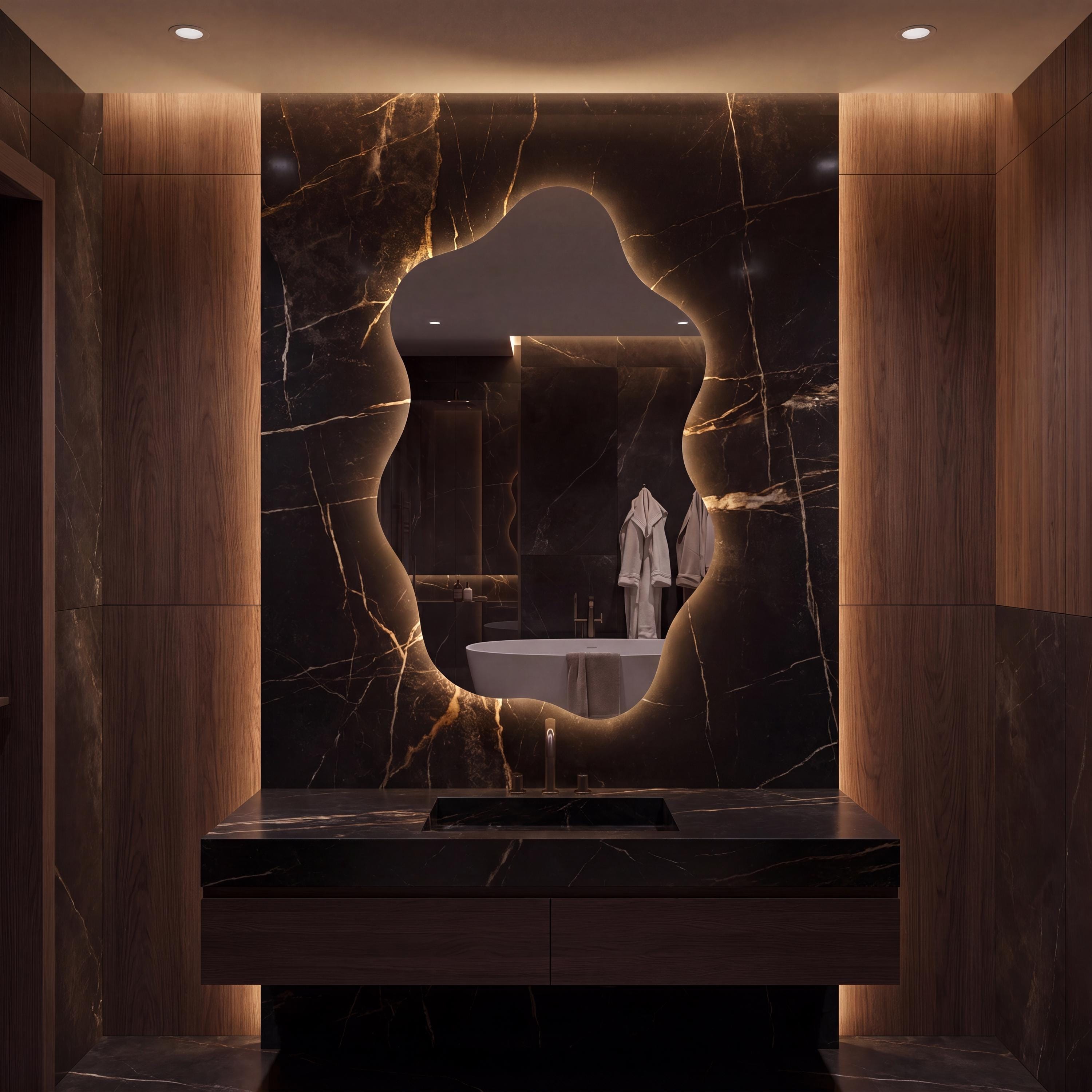Asymmetrical Organic LED Bathroom Mirror, Modern Luxury Wall Vanity Light Glow
