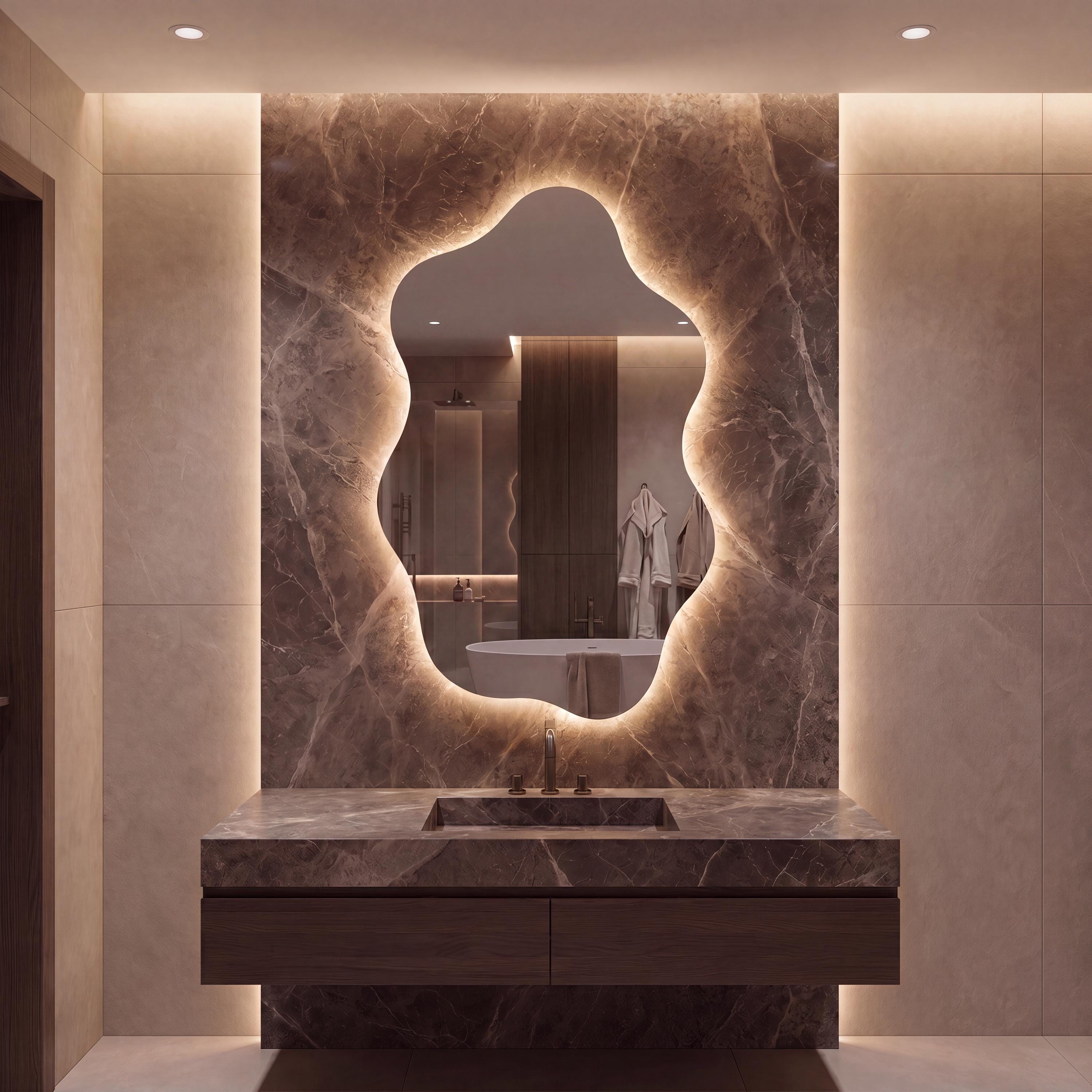 Asymmetrical Organic LED Bathroom Mirror, Modern Luxury Wall Vanity Light Glow