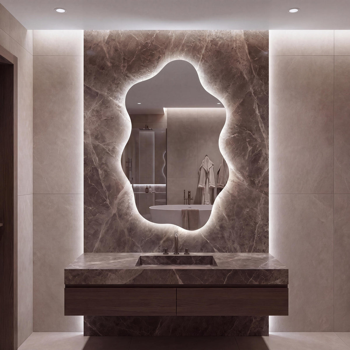 Asymmetrical Organic LED Bathroom Mirror, Modern Luxury Wall Vanity Light Glow