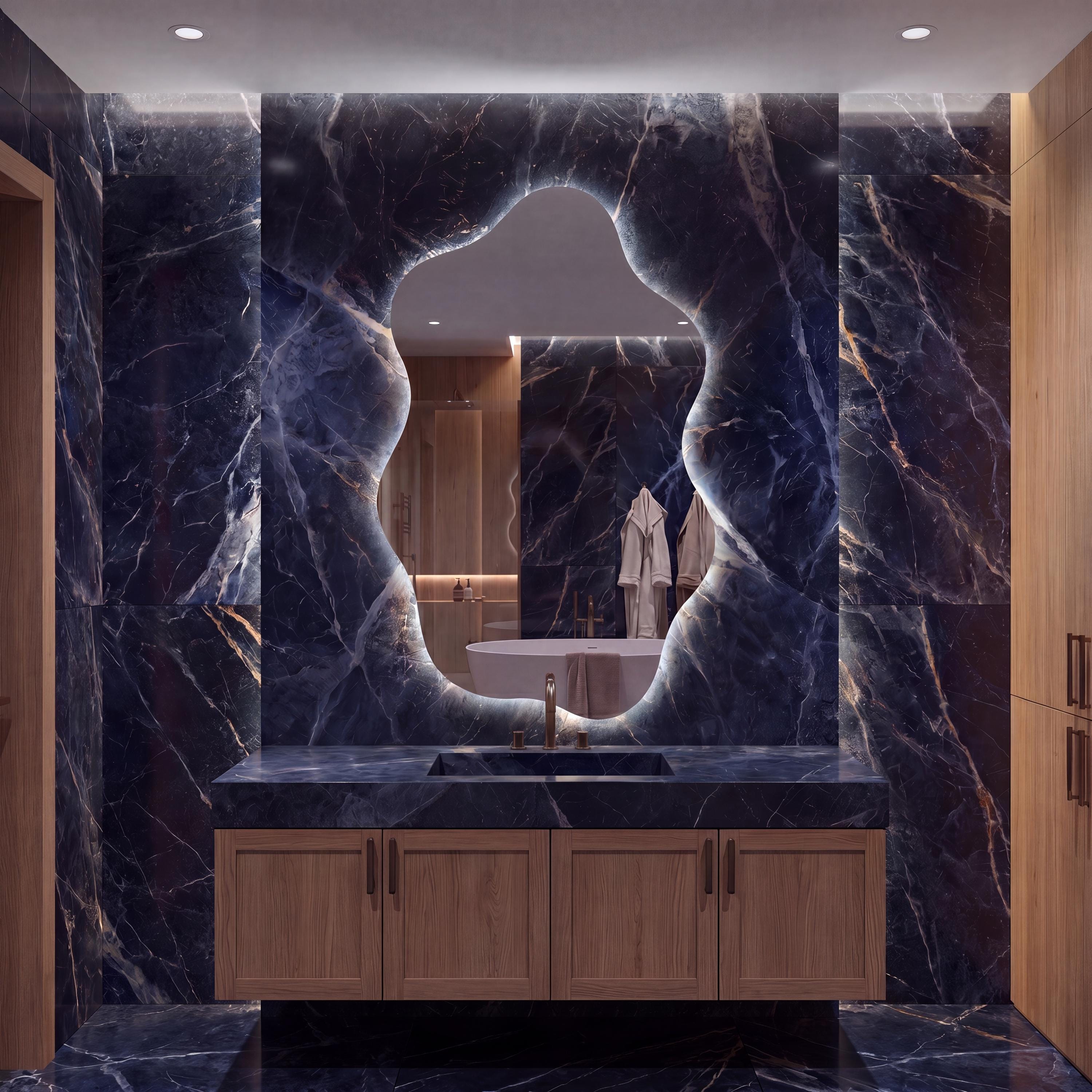 Asymmetrical Organic LED Bathroom Mirror, Modern Luxury Wall Vanity Light Glow