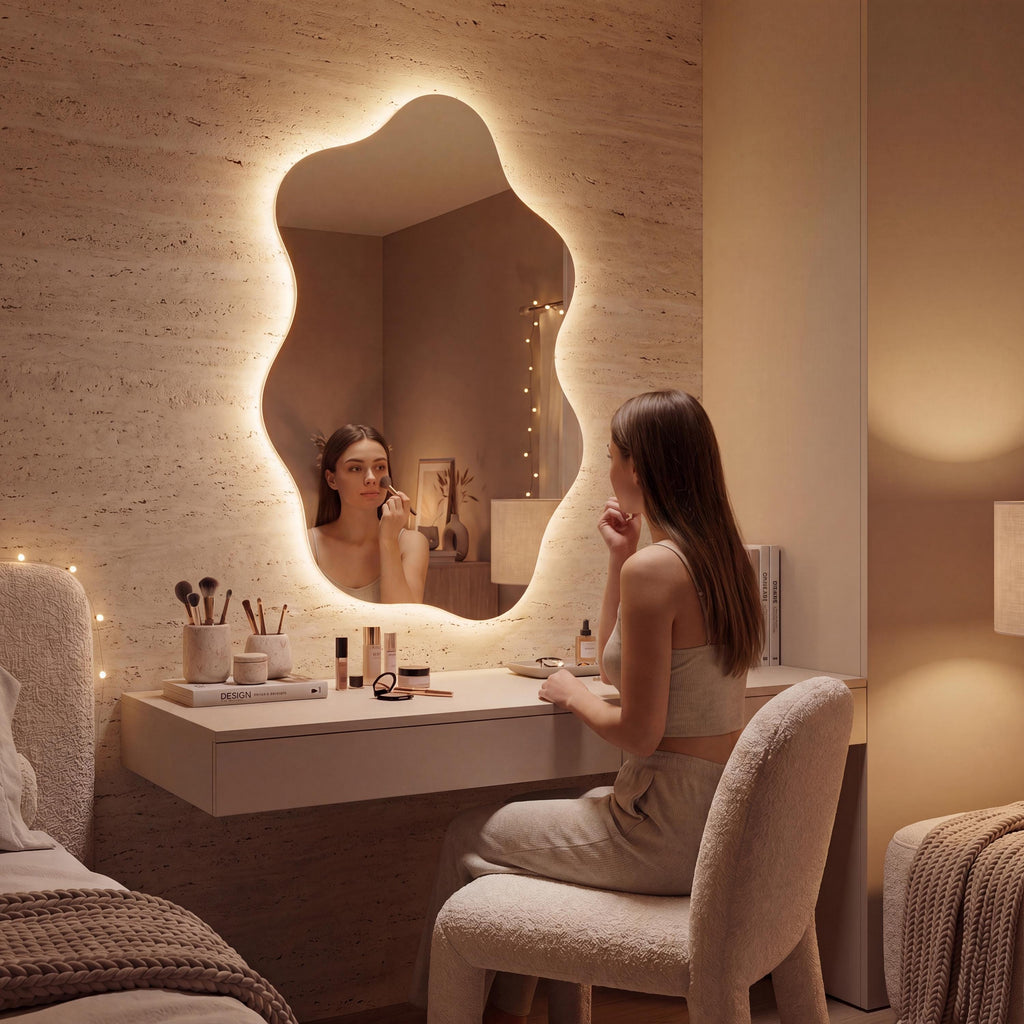 Asymmetrical Organic LED Bathroom Mirror, Modern Luxury Wall Vanity Light Glow