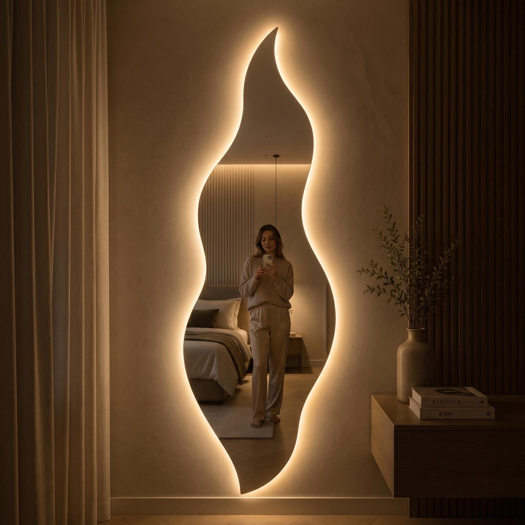 Flame Shaped LED Mirror, Frameless Backlit Wavy Vanity Mirror