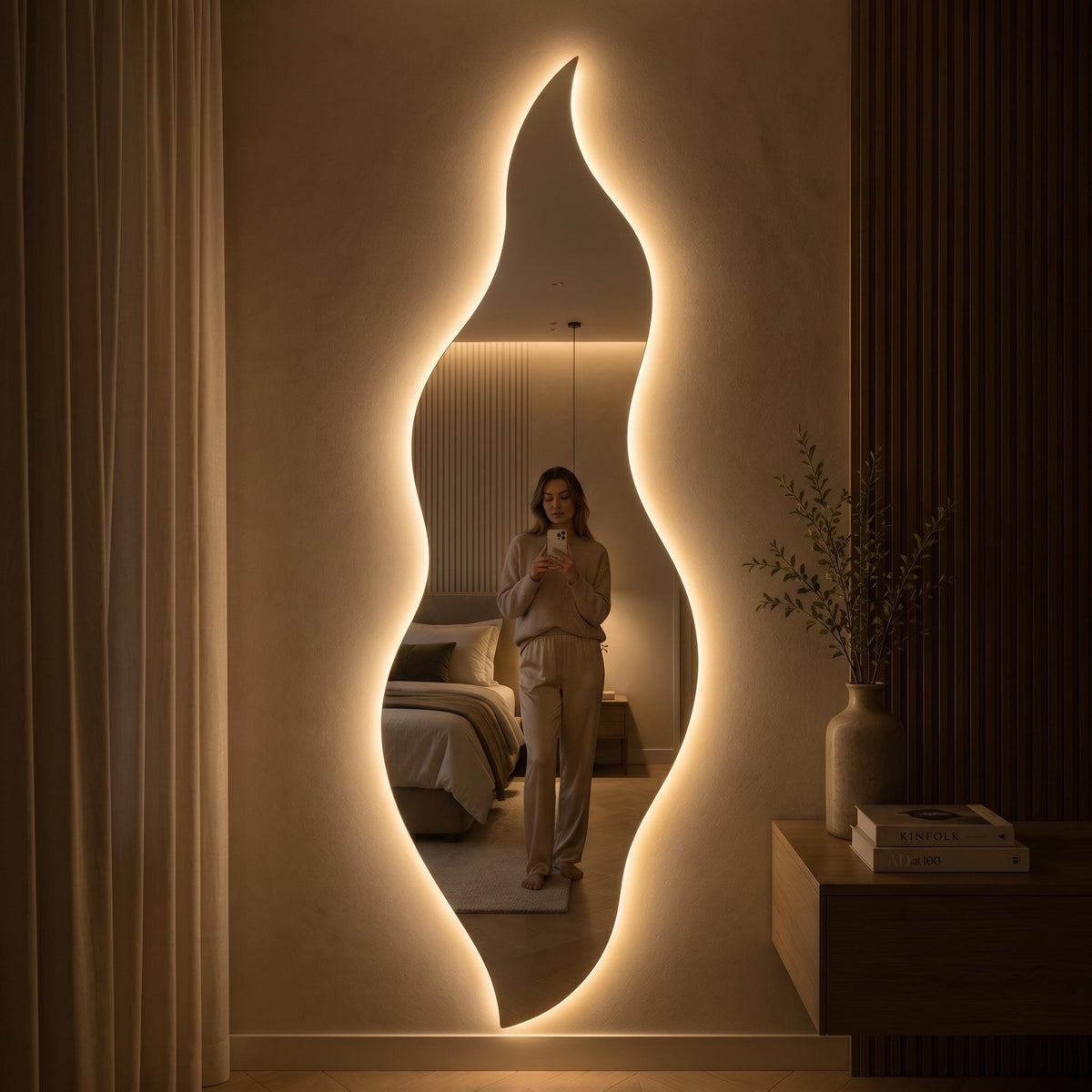 Flame Shaped LED Mirror, Frameless Backlit Wavy Vanity Mirror
