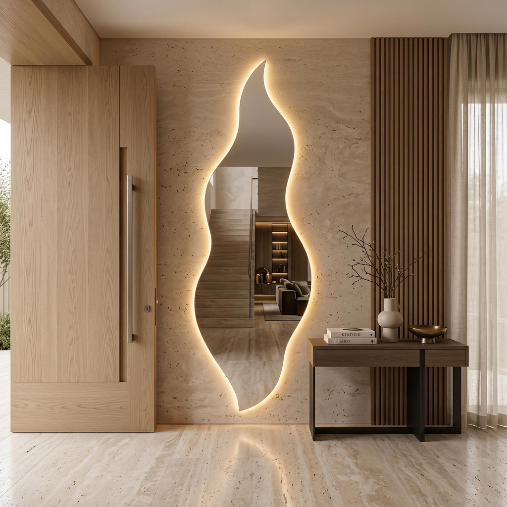 Flame Shaped LED Mirror, Frameless Backlit Wavy Vanity Mirror