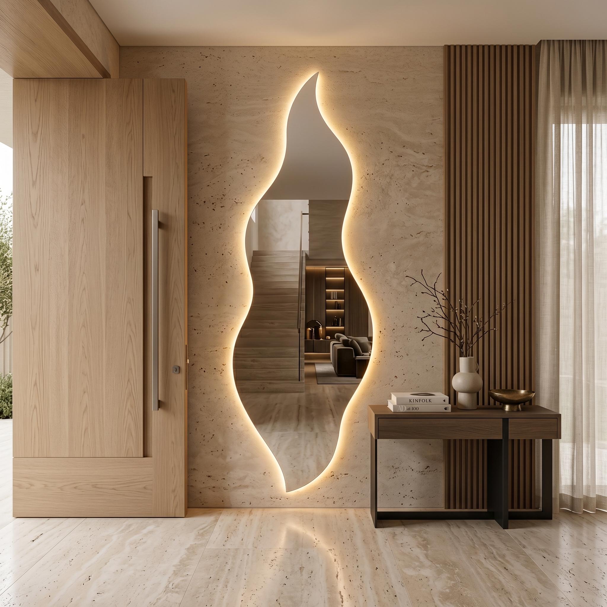 Flame Shaped LED Mirror, Frameless Backlit Wavy Vanity Mirror