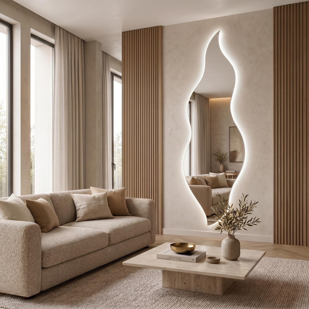 Flame Shaped LED Mirror, Frameless Backlit Wavy Vanity Mirror