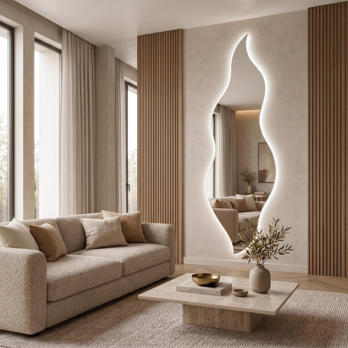 Flame Shaped LED Mirror, Frameless Backlit Wavy Vanity Mirror