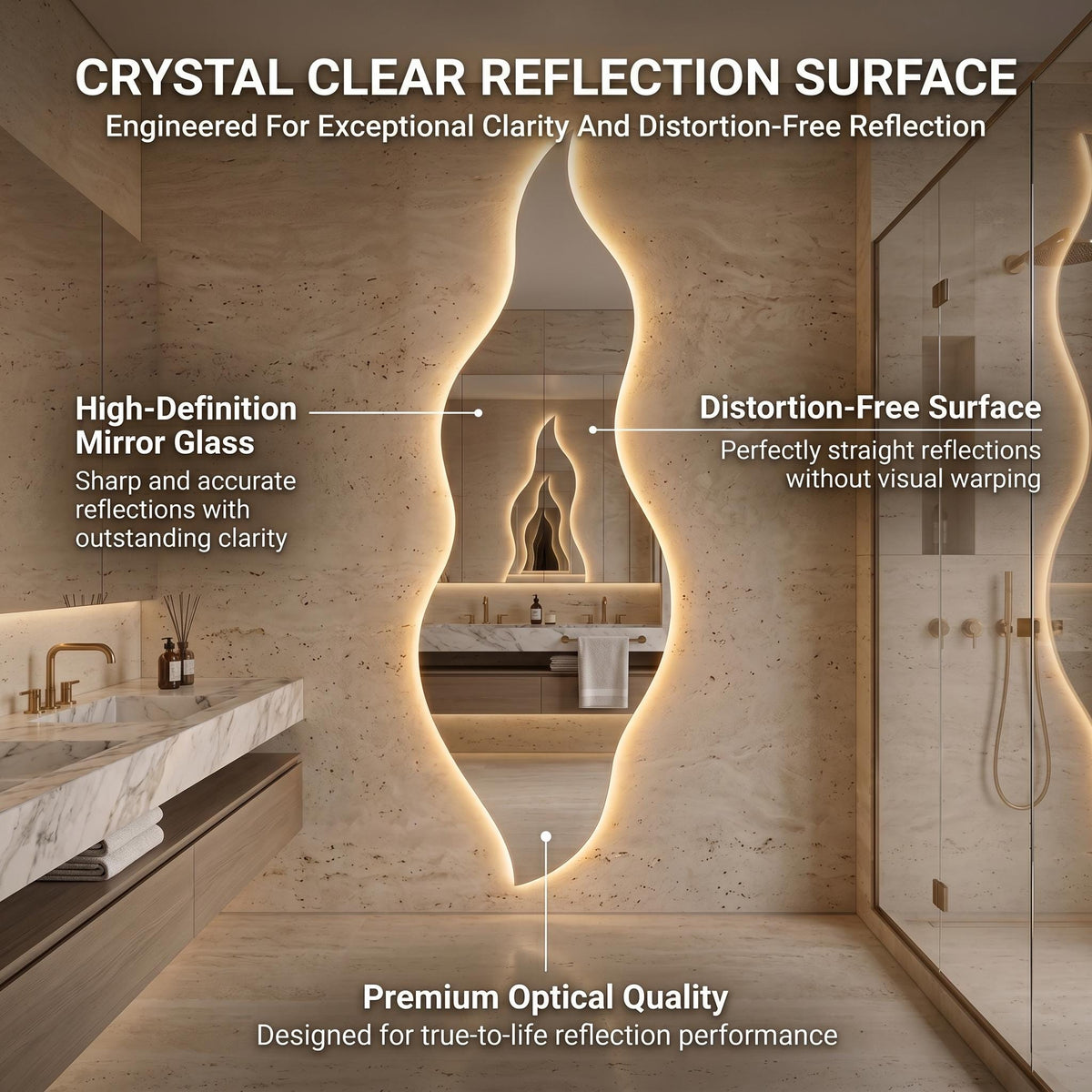 Flame Shaped LED Mirror, Frameless Backlit Wavy Vanity Mirror