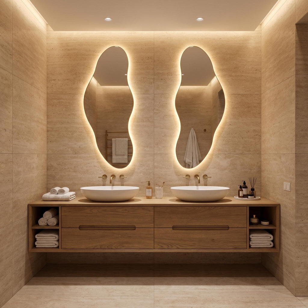 Organic LED Bathroom Mirror Set of Two, Asymmetrical Frameless Vanity Decor