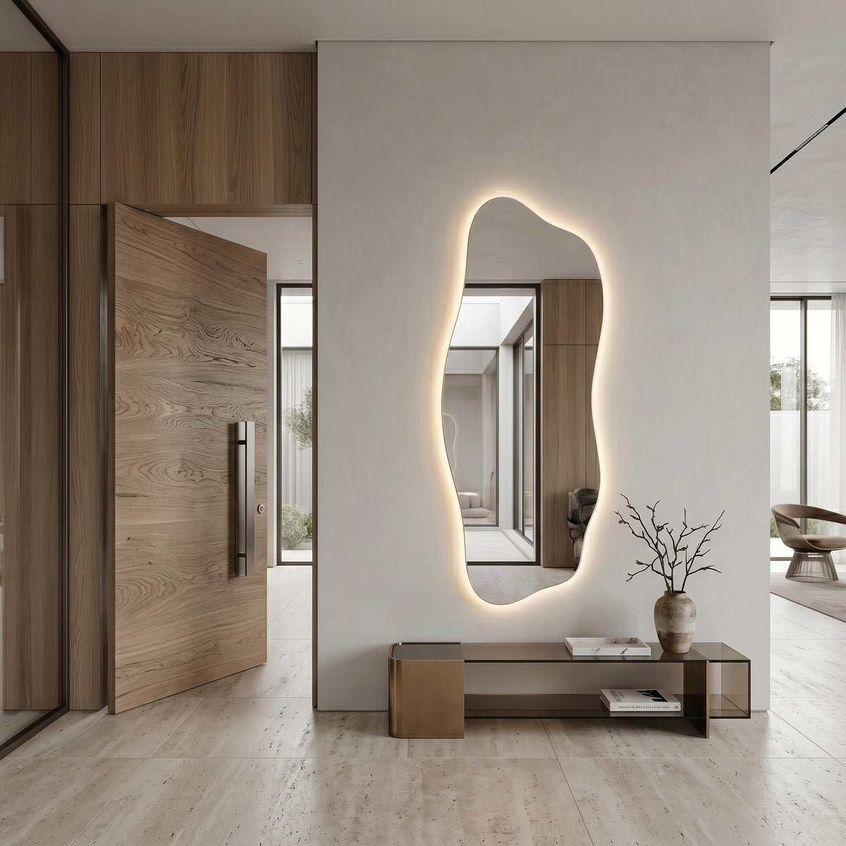 Organic LED Wall Mirror, Frameless Asymmetrical Vanity Decor Modern Entryway Accent
