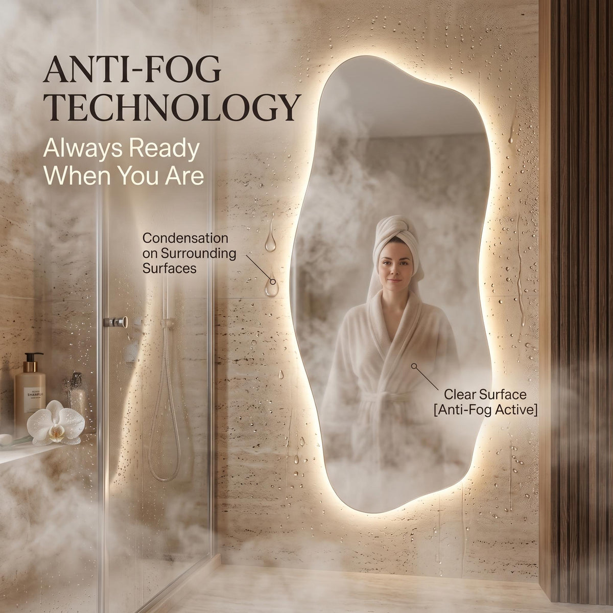 Organic LED Wall Mirror, Frameless Asymmetrical Vanity Decor Modern Entryway Accent