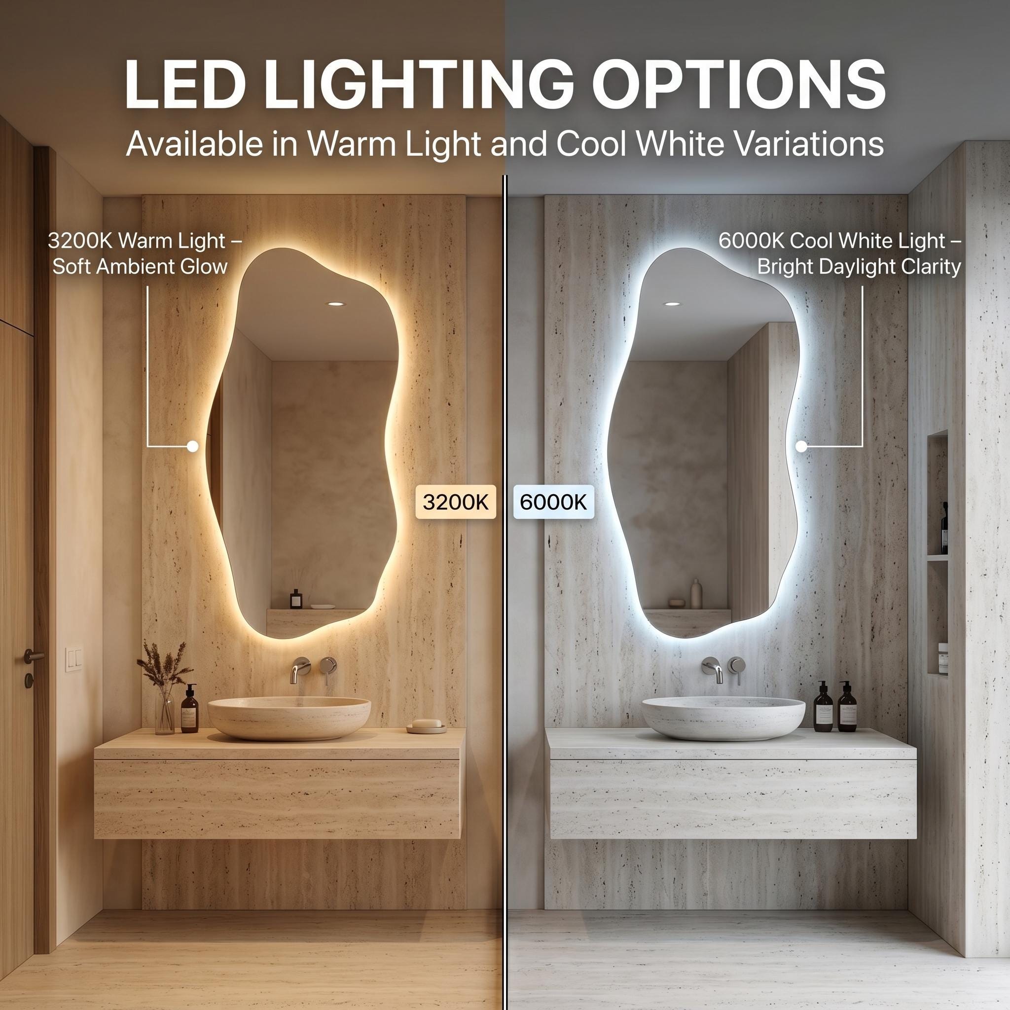 Organic LED Wall Mirror, Frameless Asymmetrical Vanity Decor Modern Entryway Accent