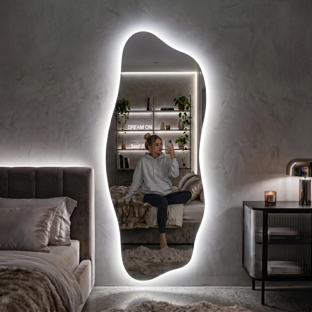 Organic LED Wall Mirror, Frameless Asymmetrical Vanity Decor Modern Entryway Accent