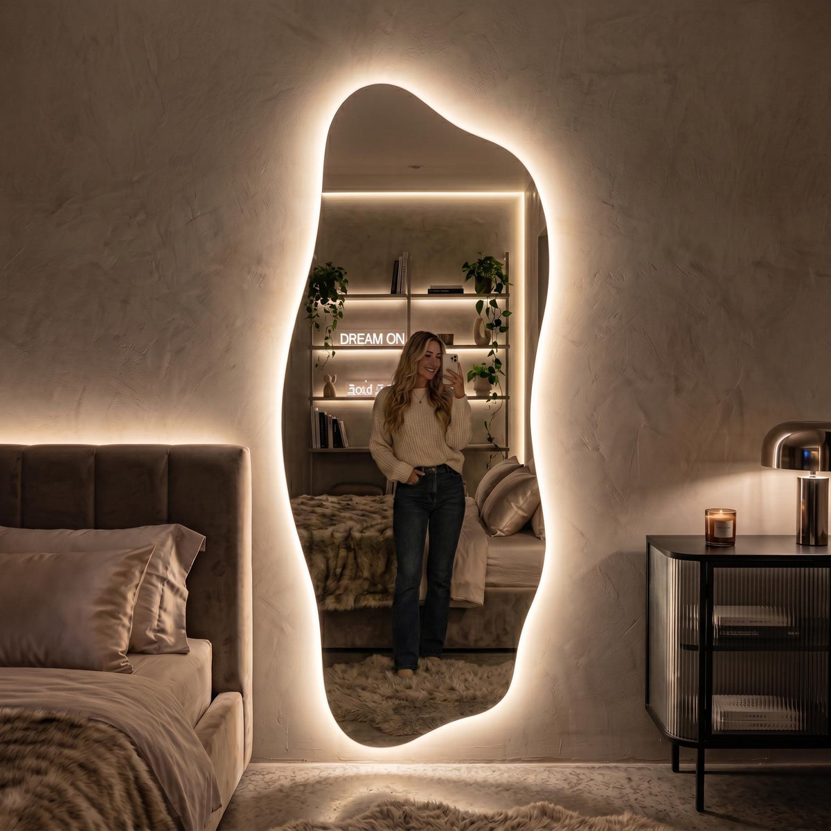 Organic LED Wall Mirror, Frameless Asymmetrical Vanity Decor Modern Entryway Accent