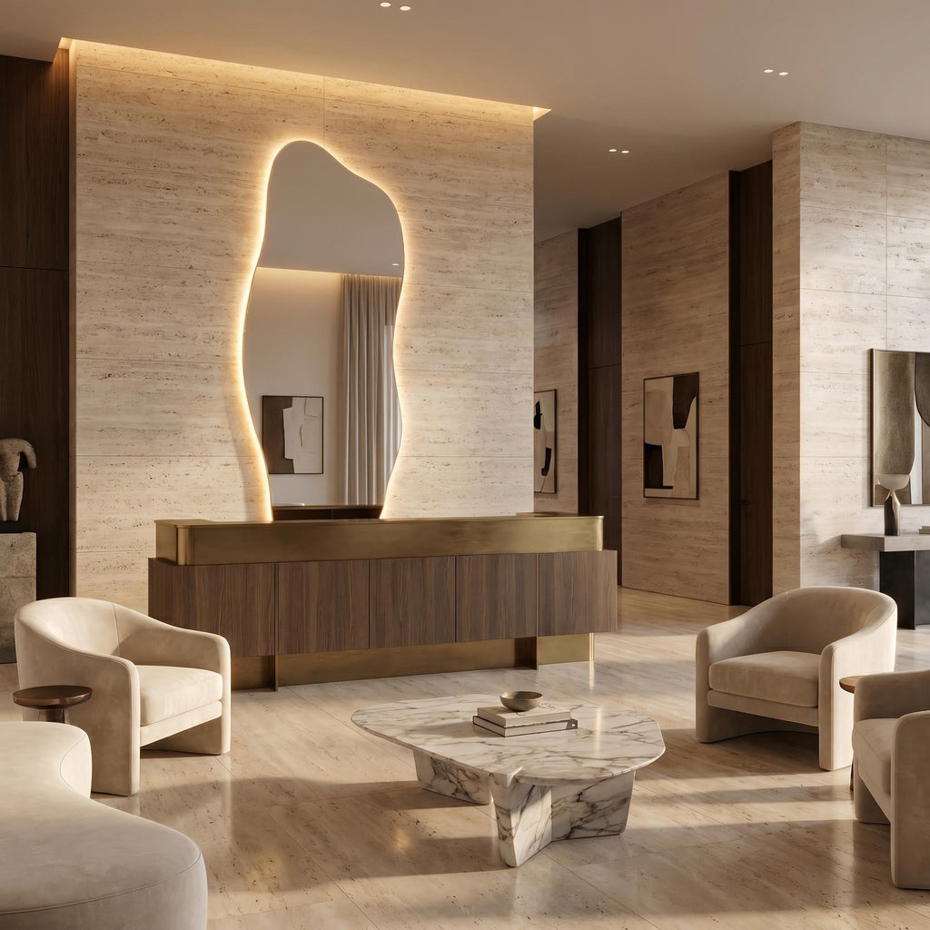 Organic LED Wall Mirror, Frameless Asymmetrical Vanity Decor Modern Entryway Accent