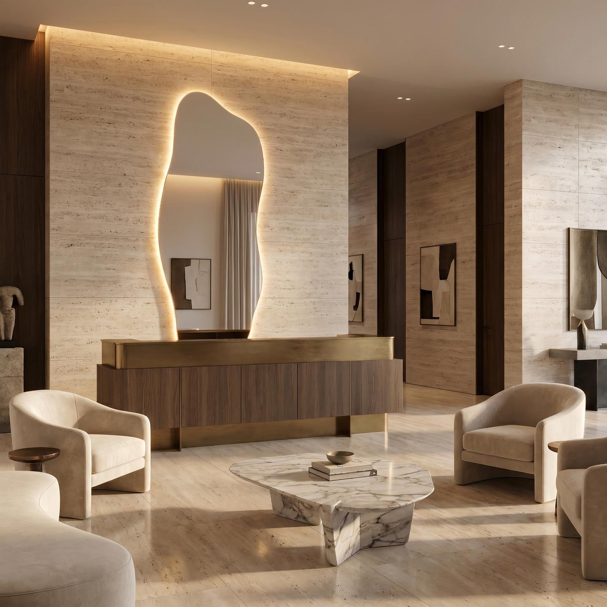 Organic LED Wall Mirror, Frameless Asymmetrical Vanity Decor Modern Entryway Accent