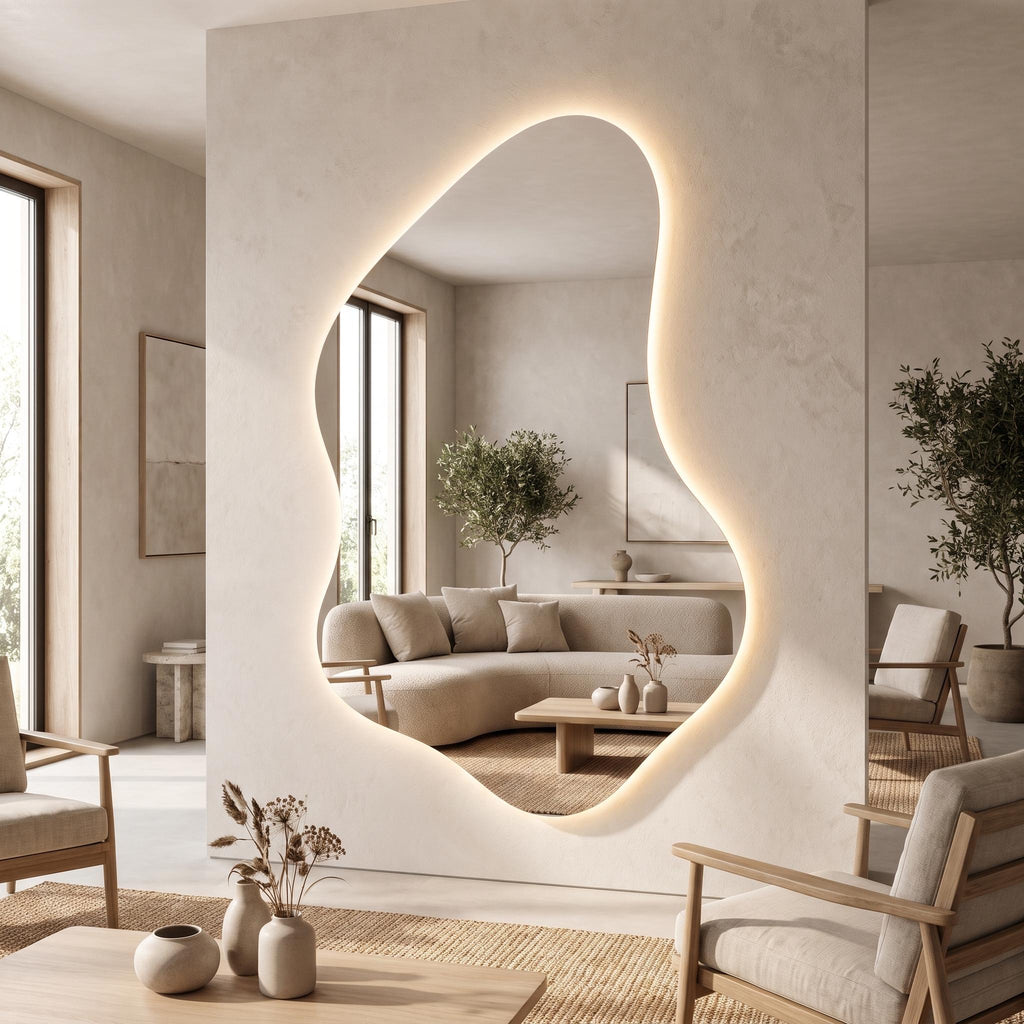 Organic Asymmetrical LED Mirror, Backlit Vanity Wall Mirror, Minimalist Luxury Decor