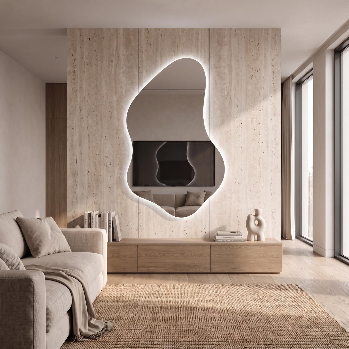 Organic Asymmetrical LED Mirror, Backlit Vanity Wall Mirror, Minimalist Luxury Decor