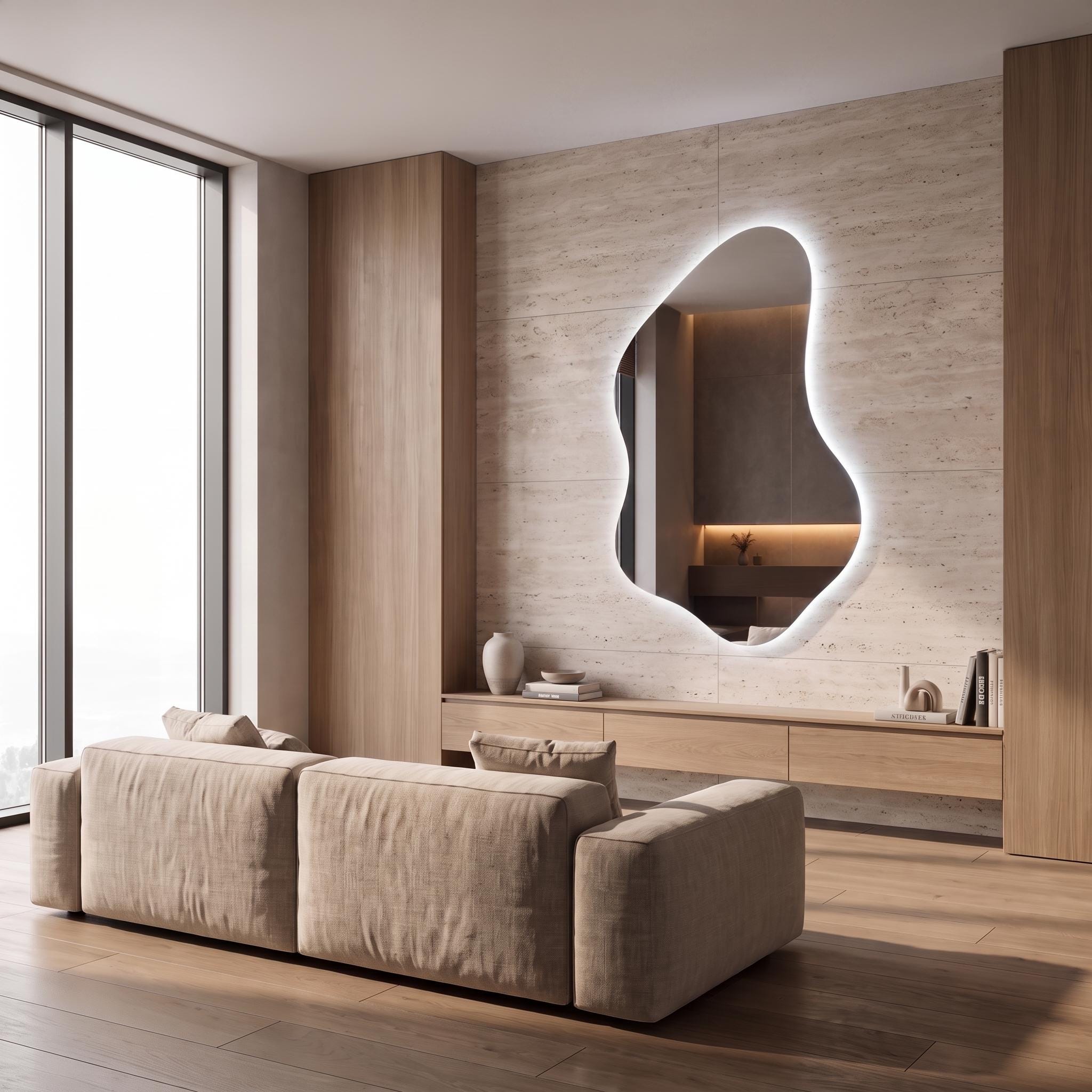 Organic Asymmetrical LED Mirror, Backlit Vanity Wall Mirror, Minimalist Luxury Decor