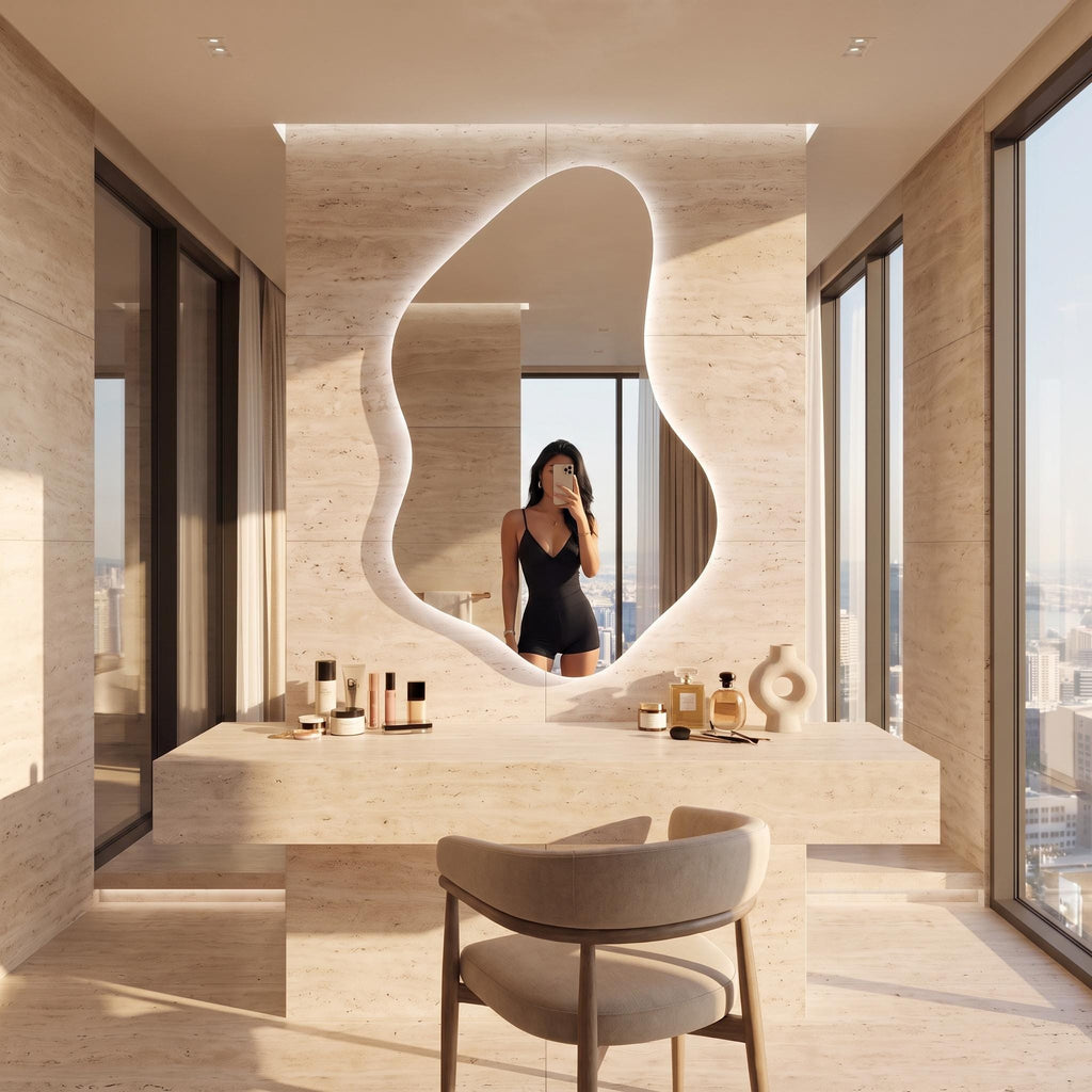 Organic Asymmetrical LED Mirror, Backlit Vanity Wall Mirror, Minimalist Luxury Decor