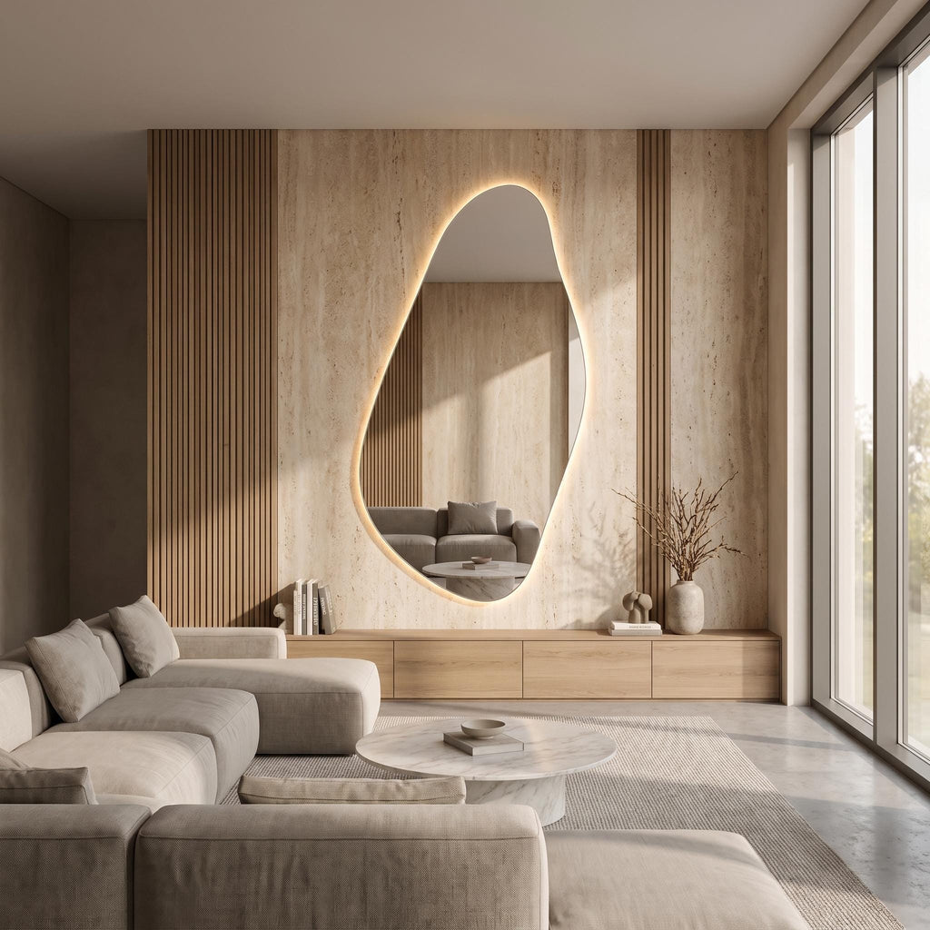 Organic Irregular LED Mirror, Modern Asymmetrical Backlit Vanity, Minimalist Luxury Decor