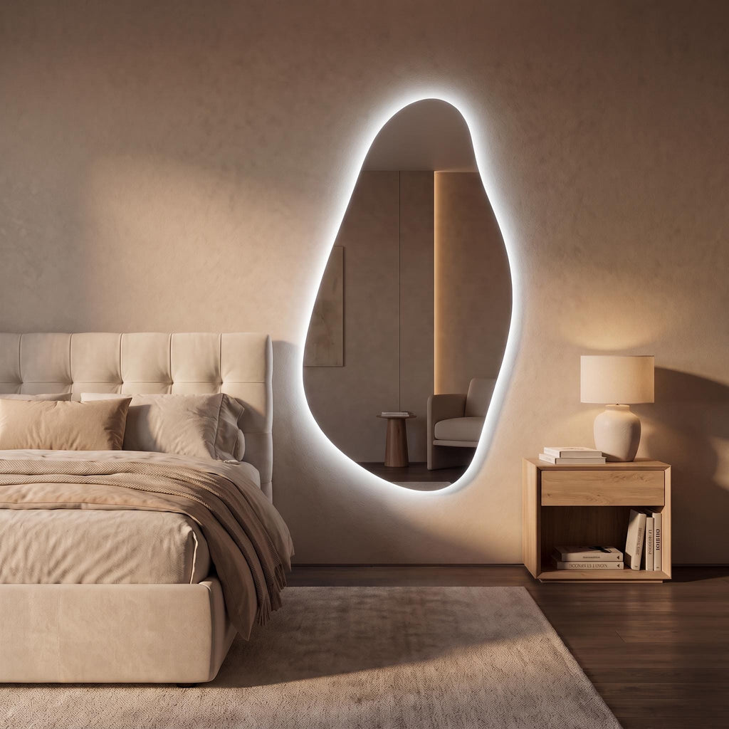 Organic Irregular LED Mirror, Modern Asymmetrical Backlit Vanity, Minimalist Luxury Decor