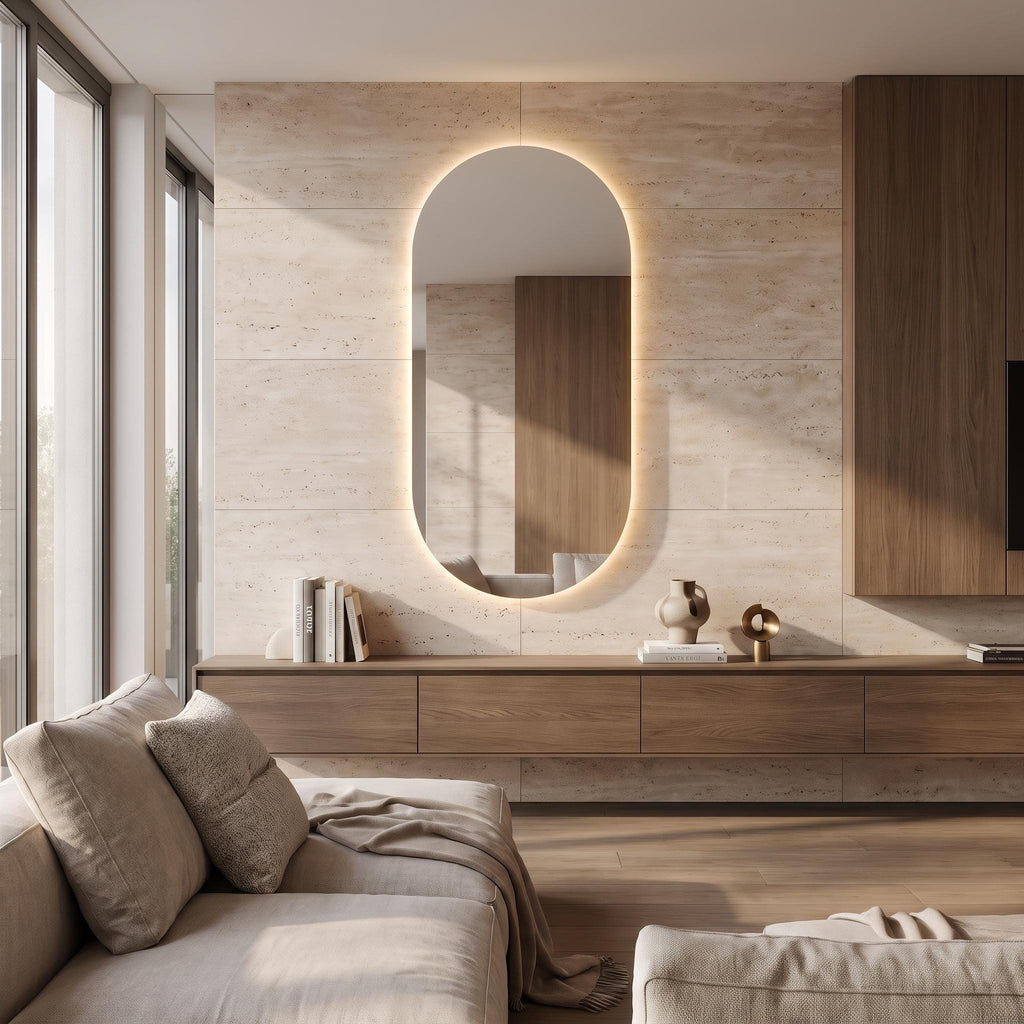 Modern Arch LED Bathroom Mirror, Backlit Oval Vanity Light, Minimalist Luxury Illuminated Wall Mirror