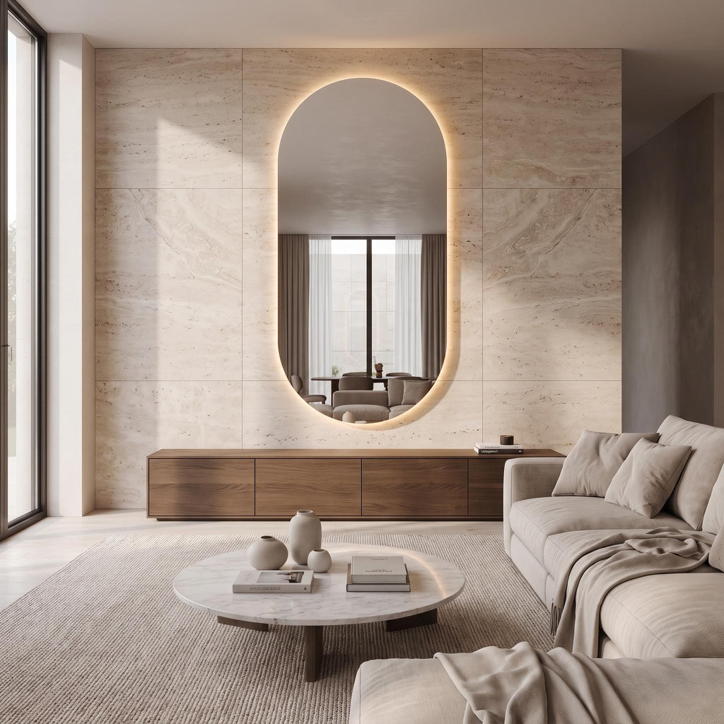 Modern Arch LED Bathroom Mirror, Backlit Oval Vanity Light, Minimalist Luxury Illuminated Wall Mirror