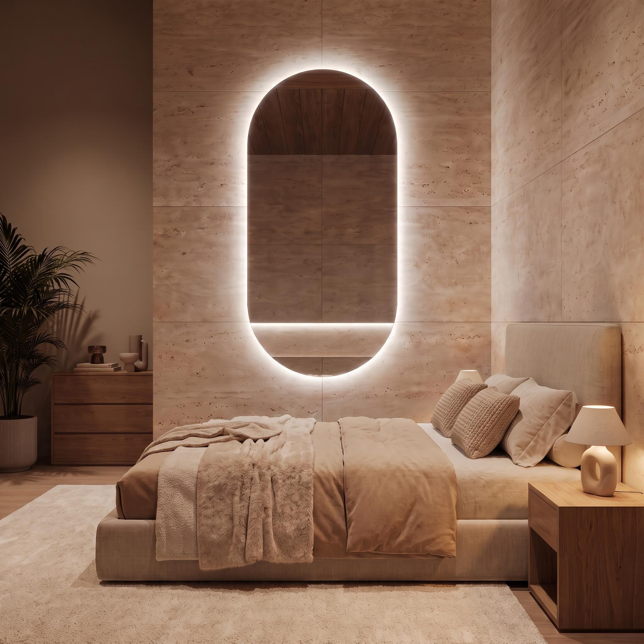 Modern Arch LED Bathroom Mirror, Backlit Oval Vanity Light, Minimalist Luxury Illuminated Wall Mirror