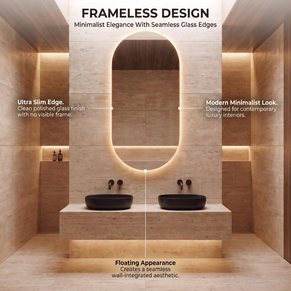 Modern Arch LED Bathroom Mirror, Backlit Oval Vanity Light, Minimalist Luxury Illuminated Wall Mirror