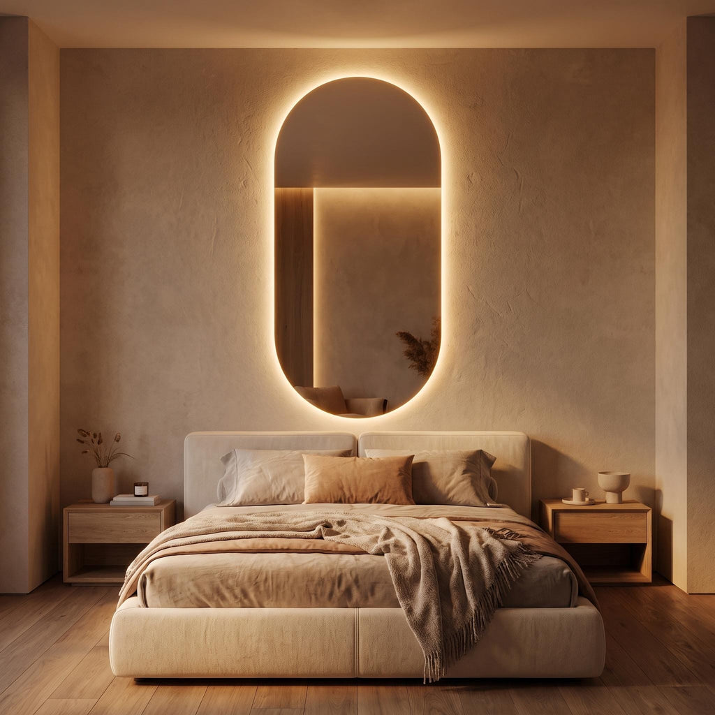 Modern Arch LED Bathroom Mirror, Backlit Oval Vanity Light, Minimalist Luxury Illuminated Wall Mirror