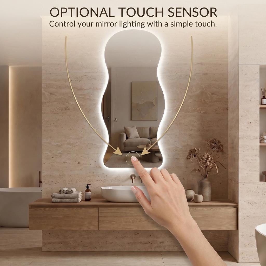 Organic LED Bathroom Mirror, Frameless Irregular Vanity Decor Modern Wall Accent