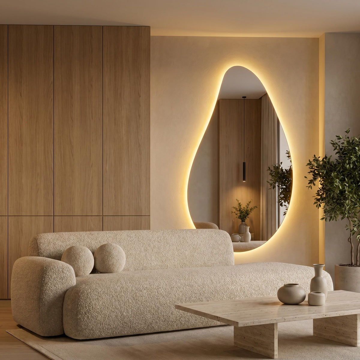 Organic Teardrop LED Mirror, Frameless Bathroom Vanity Decor Modern Wall Accent