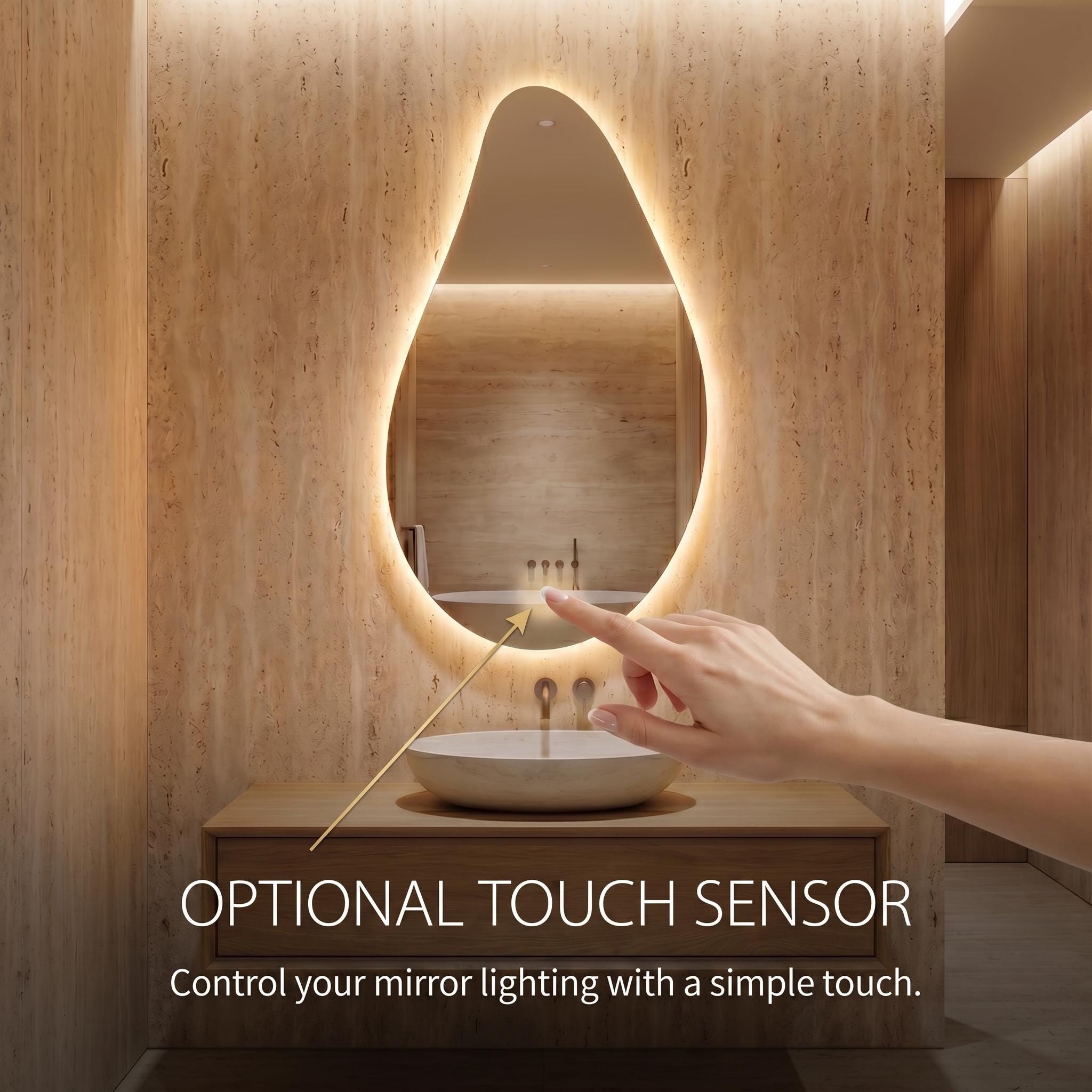 Organic Teardrop LED Mirror, Frameless Bathroom Vanity Decor Modern Wall Accent