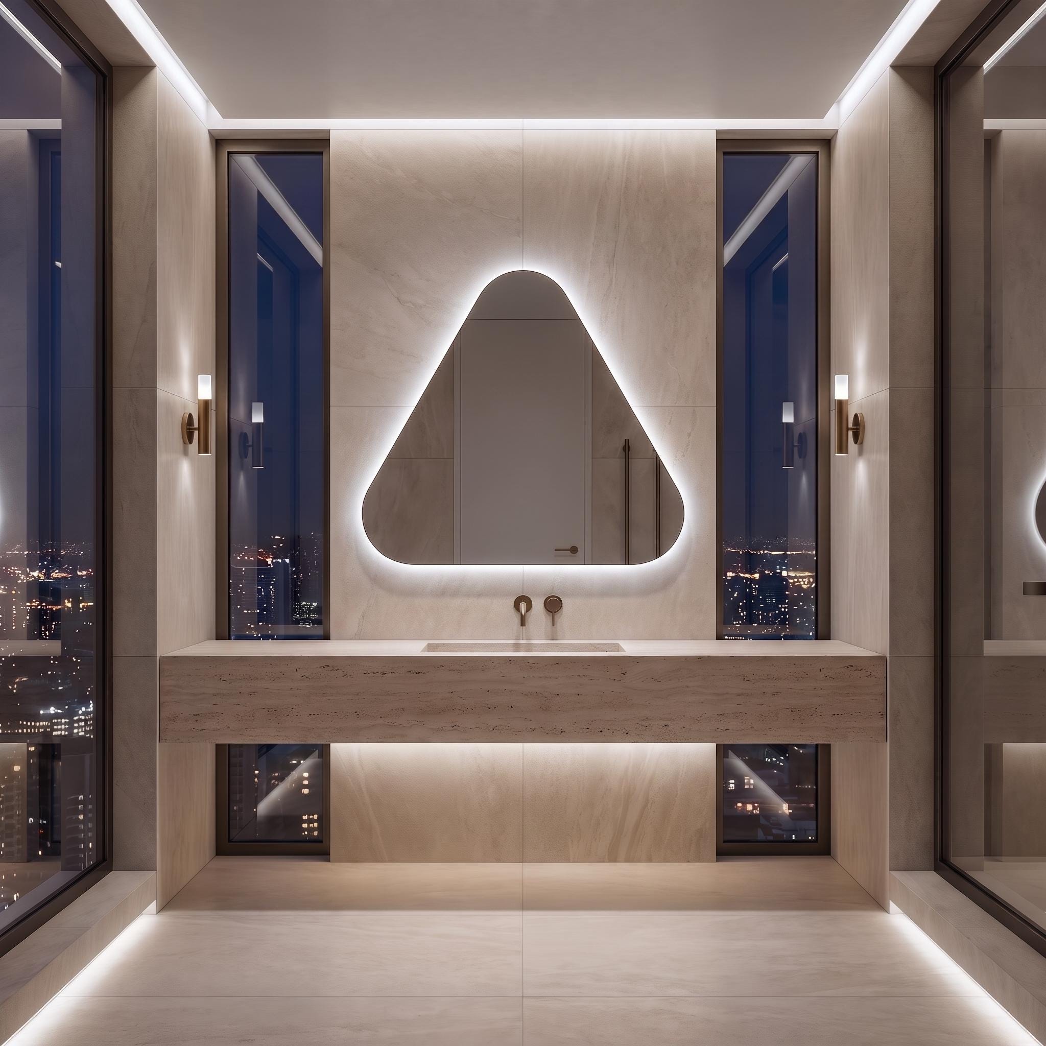 Backlit Asymmetrical Bathroom Mirror, Organic LED Vanity Mirror, Frameless Accent Home Decor