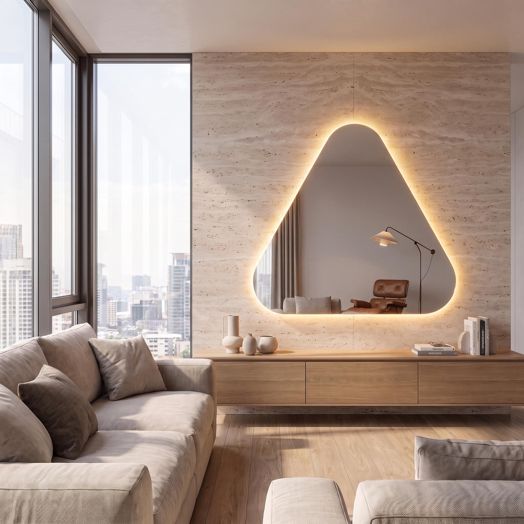 Backlit Asymmetrical Bathroom Mirror, Organic LED Vanity Mirror, Frameless Accent Home Decor