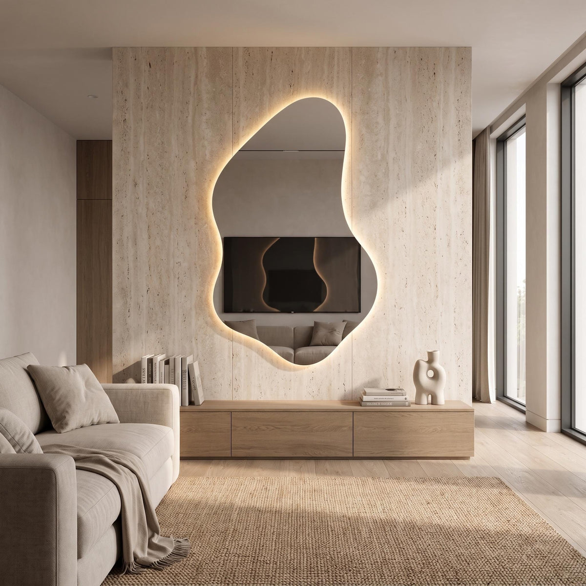 Organic Asymmetrical LED Mirror, Backlit Vanity Wall Mirror, Minimalist Luxury Decor