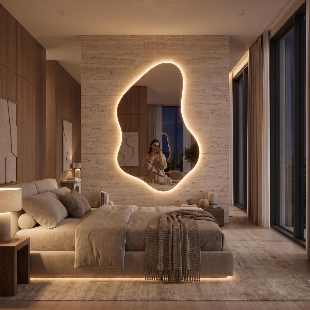 Organic Asymmetrical LED Mirror, Backlit Vanity Wall Mirror, Minimalist Luxury Decor