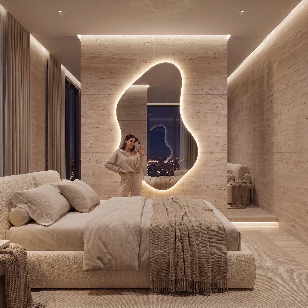 Organic Asymmetrical LED Mirror, Backlit Vanity Wall Mirror, Minimalist Luxury Decor