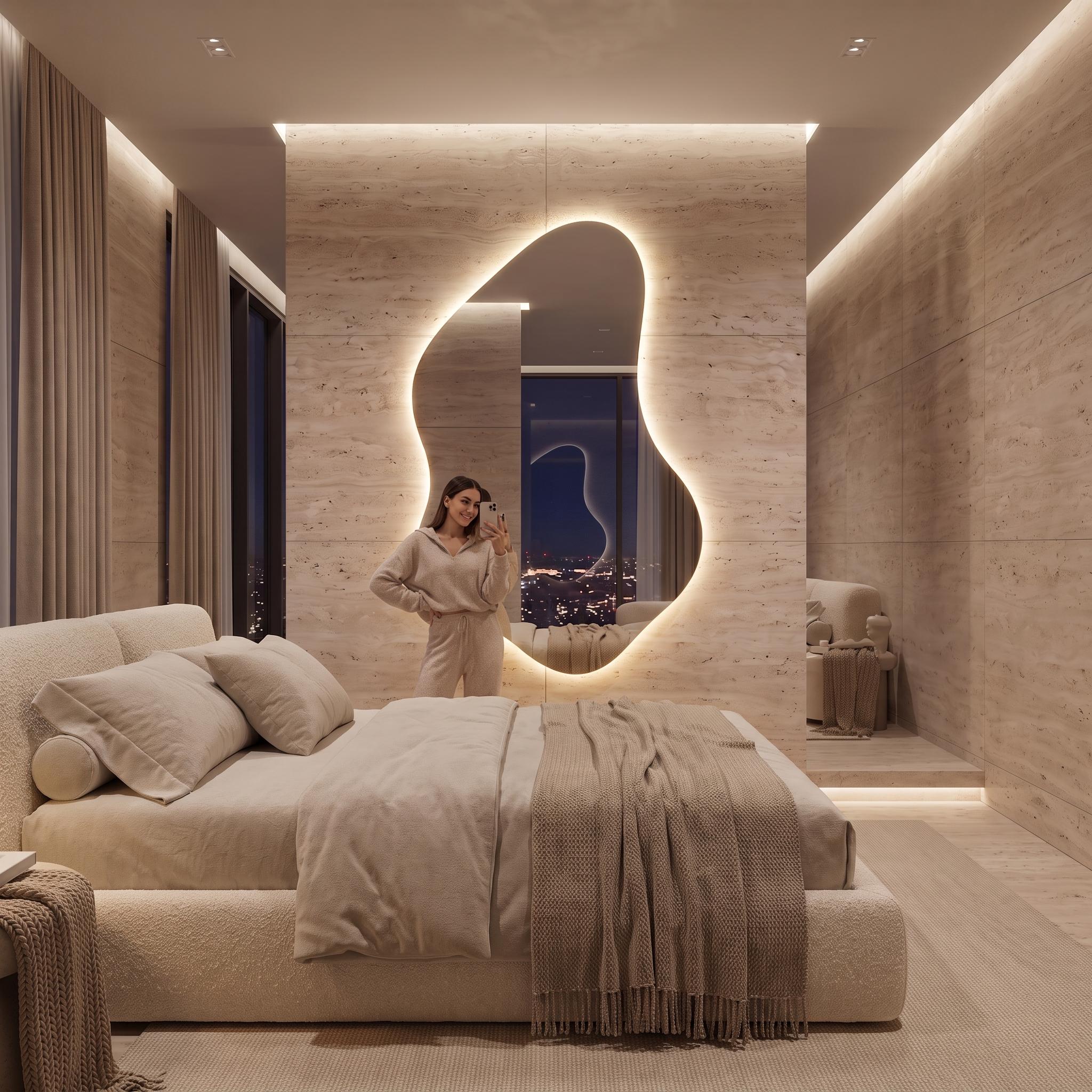 Organic Asymmetrical LED Mirror, Backlit Vanity Wall Mirror, Minimalist Luxury Decor