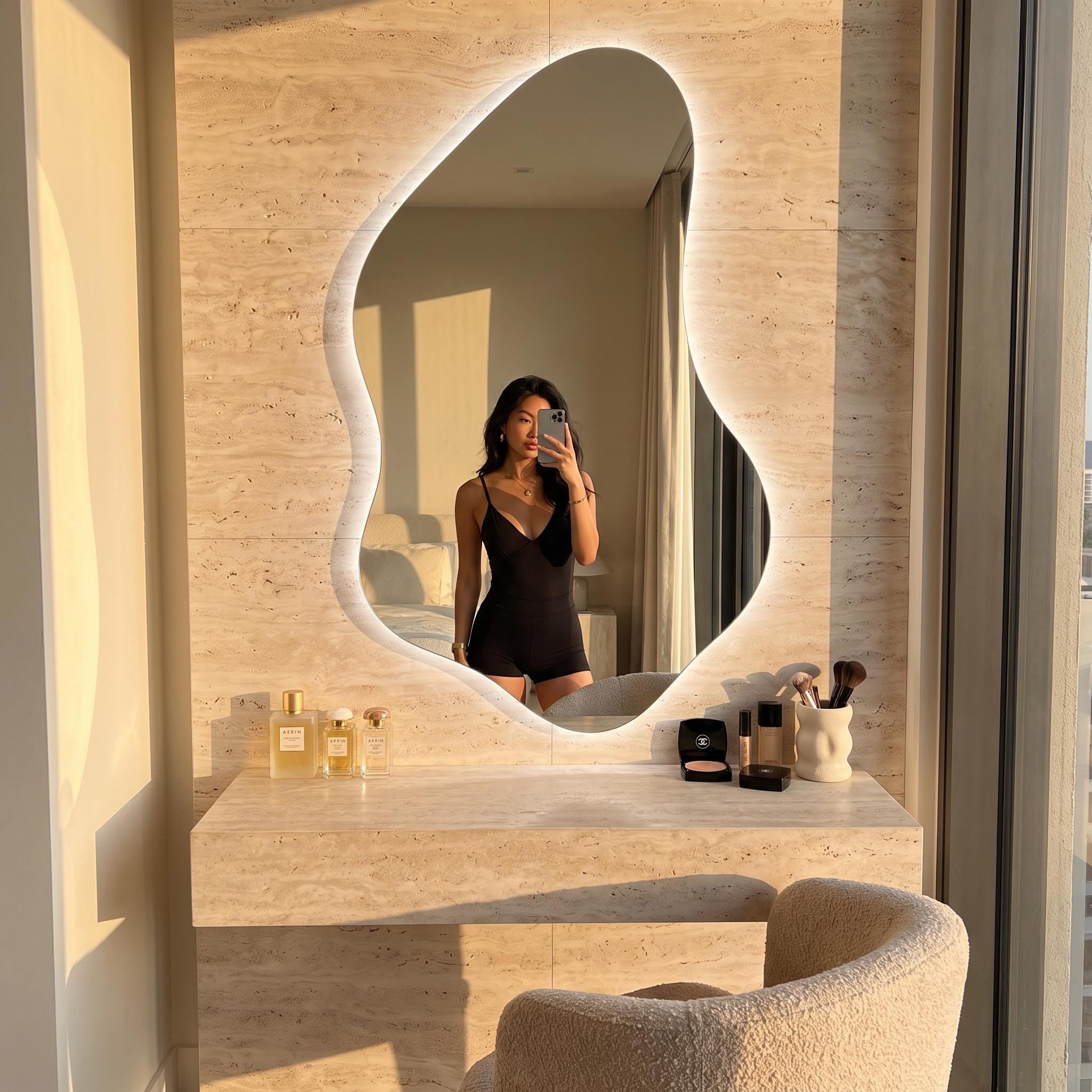 Organic Asymmetrical LED Mirror, Backlit Vanity Wall Mirror, Minimalist Luxury Decor