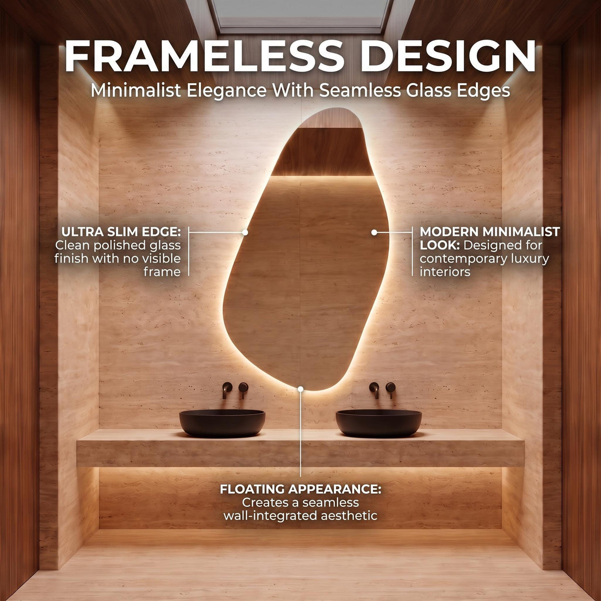 Organic Irregular LED Mirror, Modern Asymmetrical Backlit Vanity, Minimalist Luxury Decor