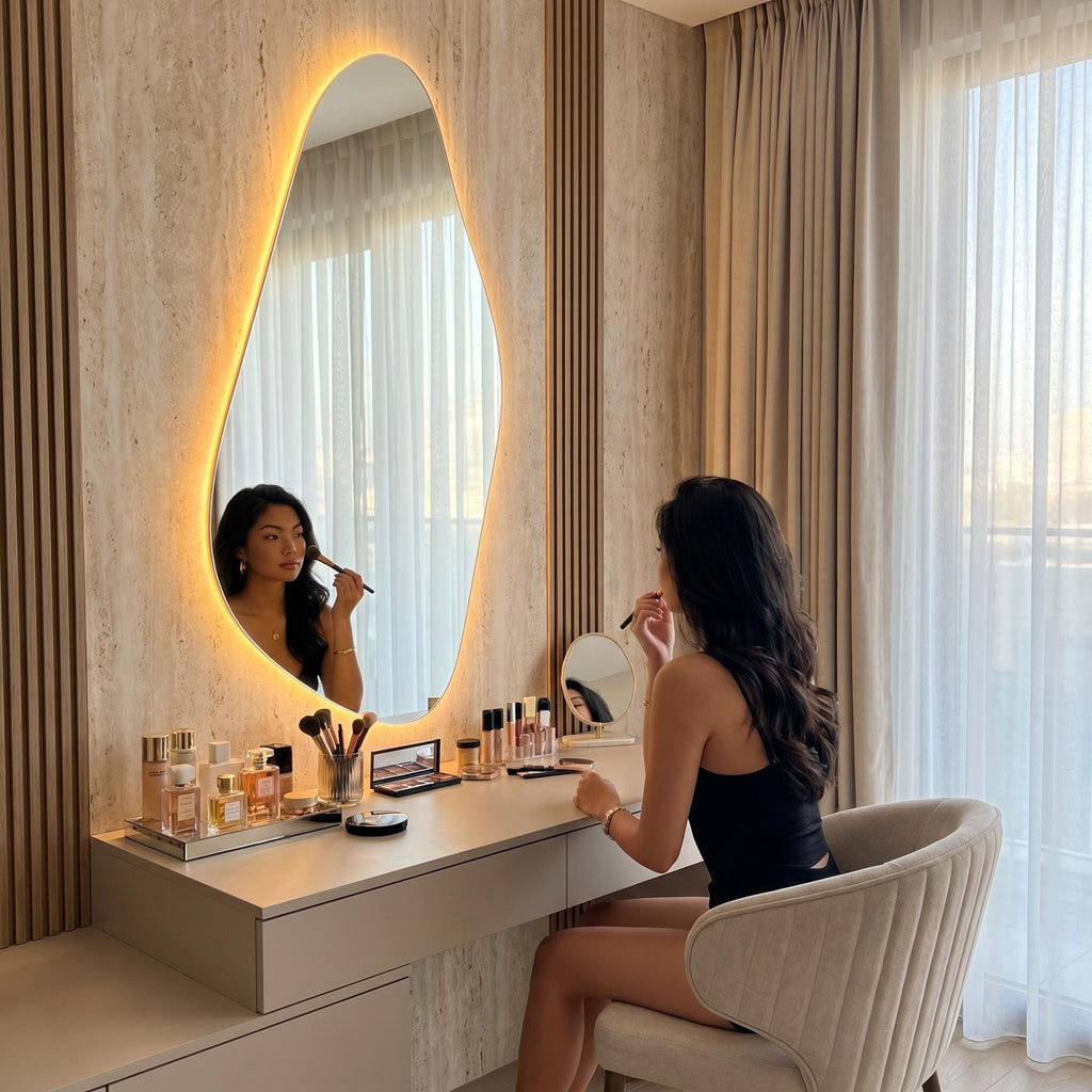 Organic Irregular LED Mirror, Modern Asymmetrical Backlit Vanity, Minimalist Luxury Decor