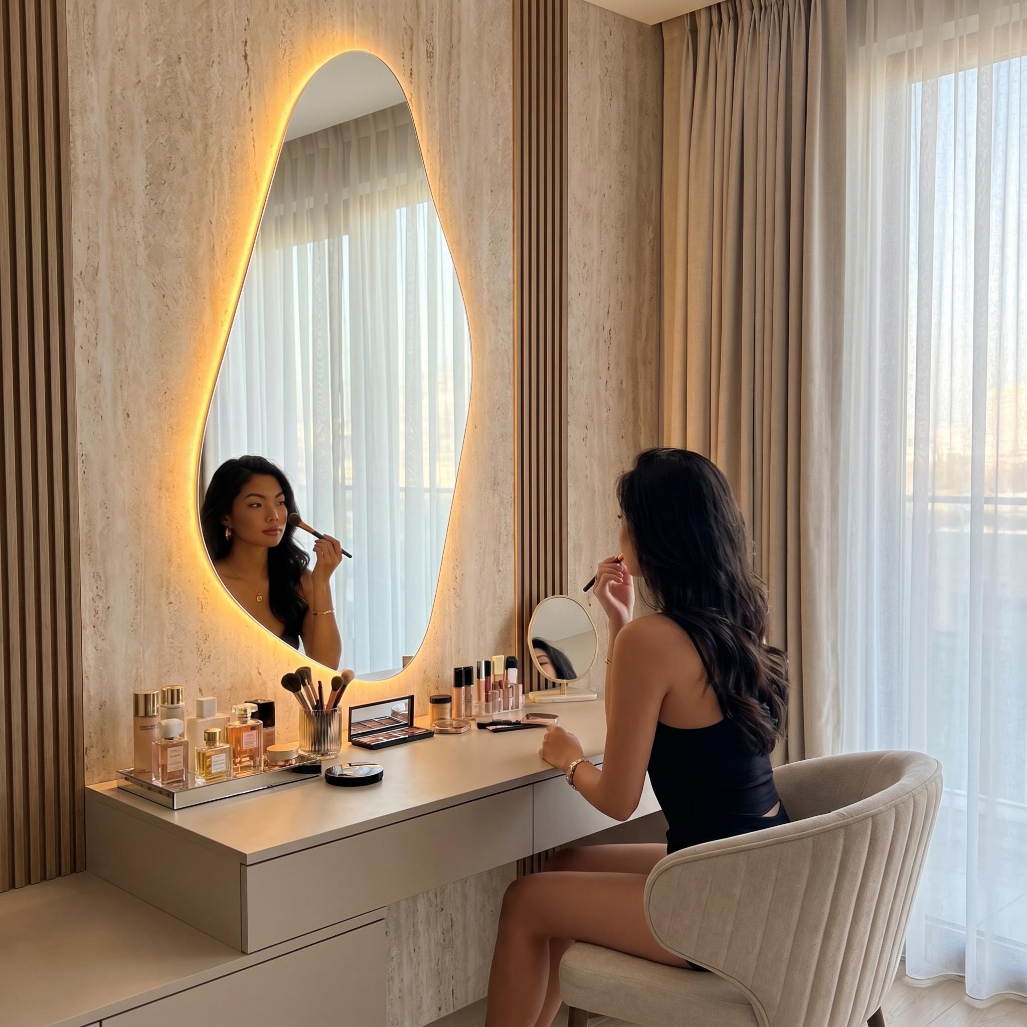 Organic Irregular LED Mirror, Modern Asymmetrical Backlit Vanity, Minimalist Luxury Decor