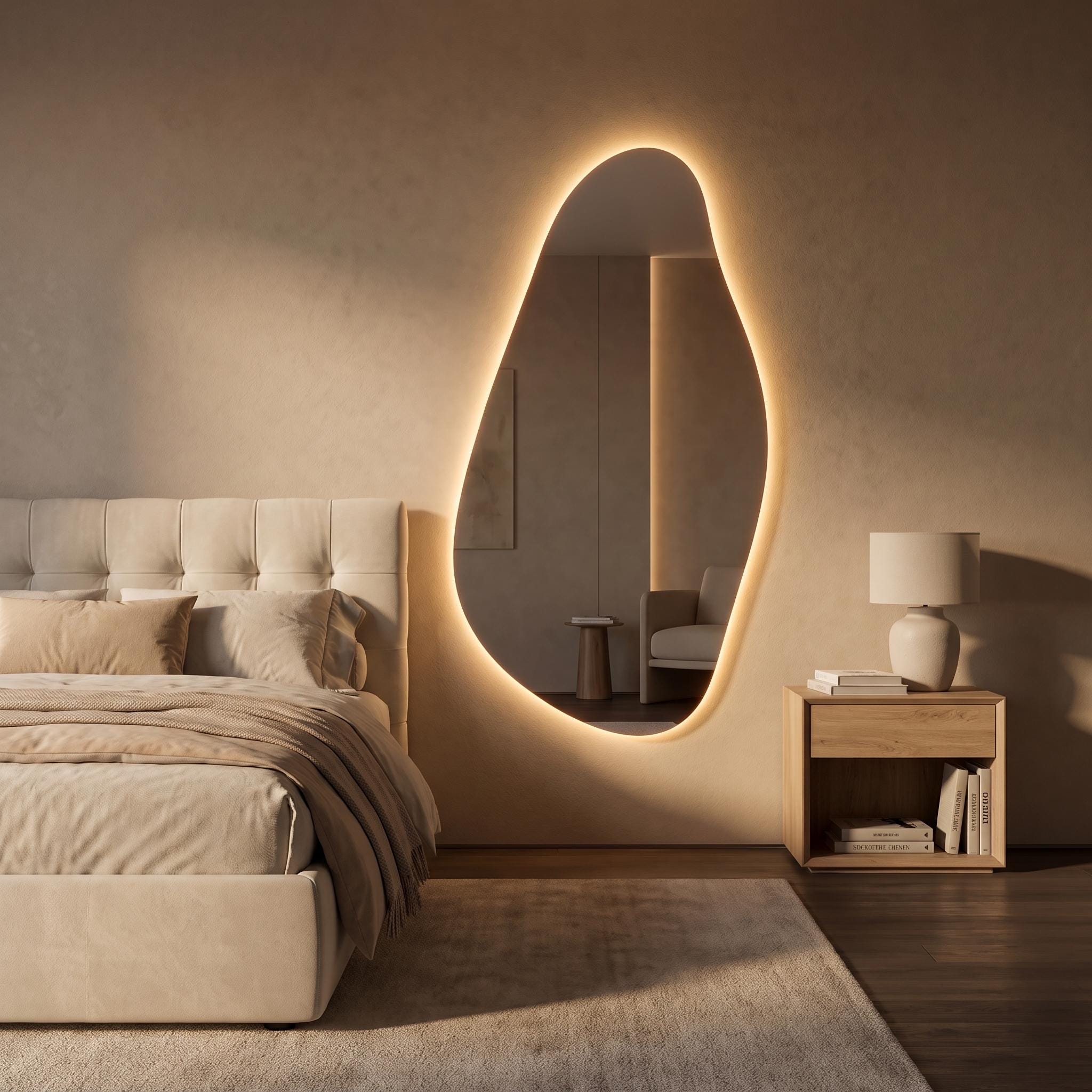 Organic Irregular LED Mirror, Modern Asymmetrical Backlit Vanity, Minimalist Luxury Decor