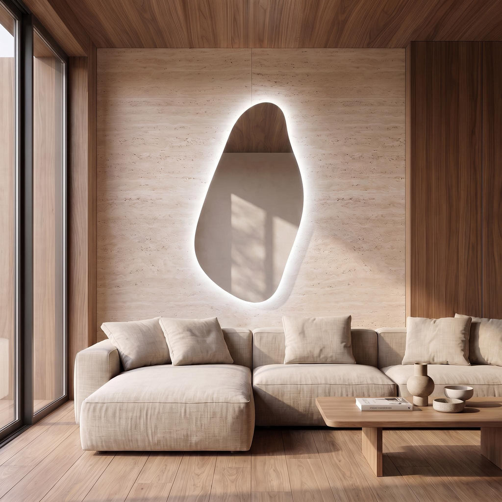 Organic Irregular LED Mirror, Modern Asymmetrical Backlit Vanity, Minimalist Luxury Decor