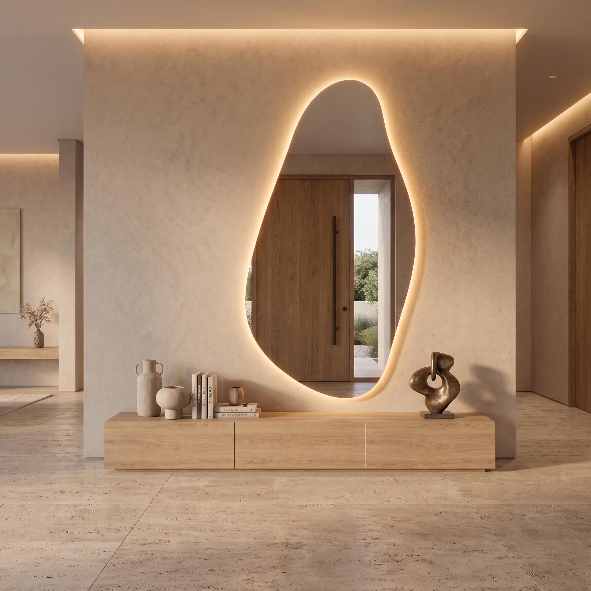 Organic Irregular LED Mirror, Modern Asymmetrical Backlit Vanity, Minimalist Luxury Decor
