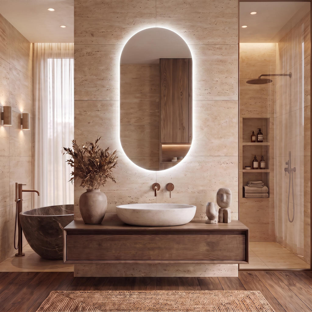 Modern Arch LED Bathroom Mirror, Backlit Oval Vanity Light, Minimalist Luxury Illuminated Wall Mirror