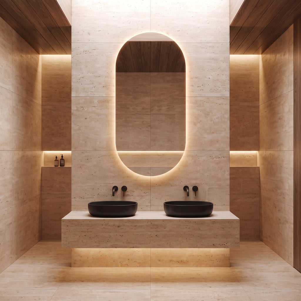 Modern Arch LED Bathroom Mirror, Backlit Oval Vanity Light, Minimalist Luxury Illuminated Wall Mirror