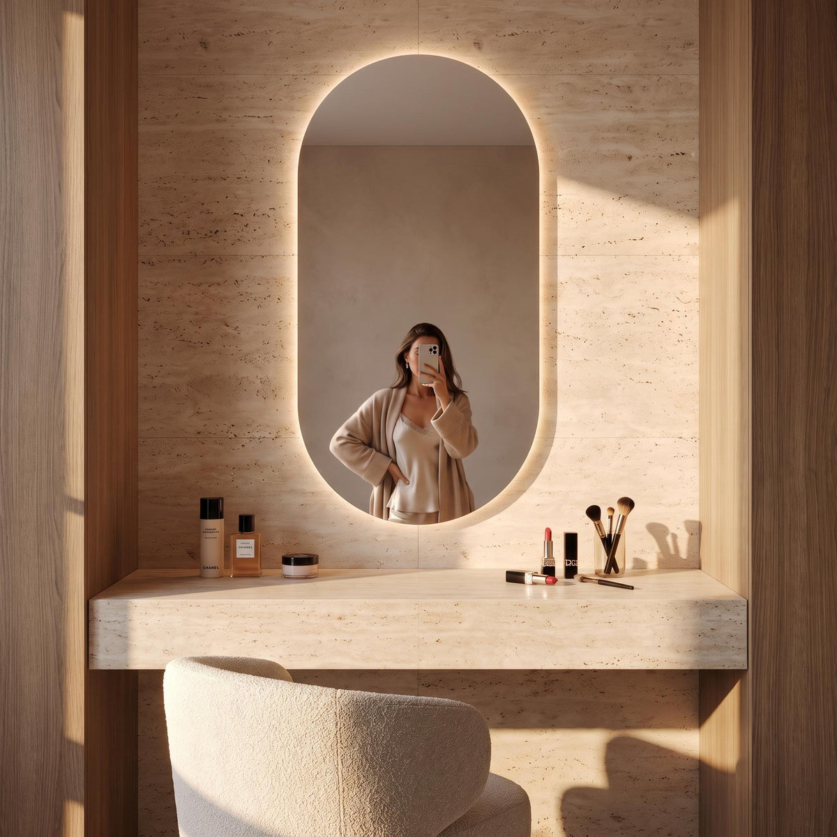 Modern Arch LED Bathroom Mirror, Backlit Oval Vanity Light, Minimalist Luxury Illuminated Wall Mirror